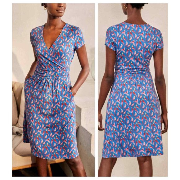 Boden Parakeet Print Lola Jersey Wrap Dress Moroccan Blue Size 8P - Picture 1 of 10